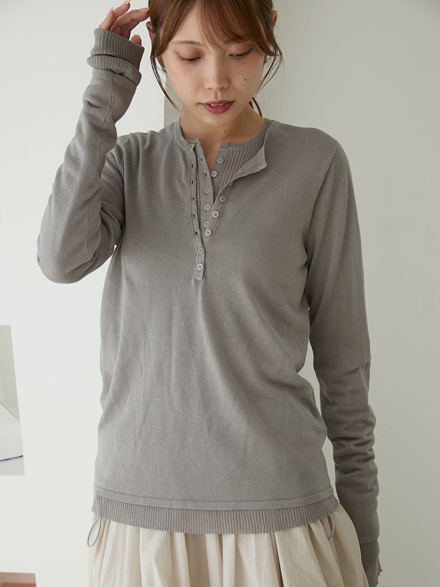 emmi atelier「【セットアイテム】eco ヘンリーネックレイヤードニットトップス」|ニット・セーター|GRY