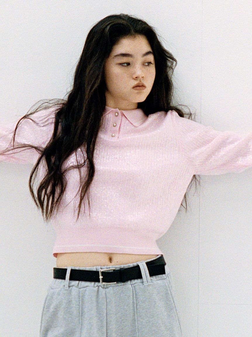 LILY BROWN「[L.B CANDY STOCK]襟付きスパンコールニットトップス」|カーディガン|