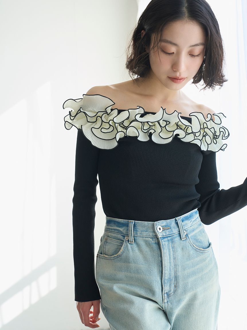 LILY BROWN「モチーフフリルニットトップス」|ニット・セーター|BLK