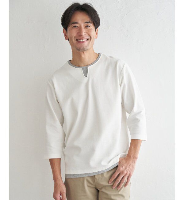 ikka「【抗菌防臭】GOKU楽冷感7分袖キーネック」|Tシャツ・カットソー|ホワイト