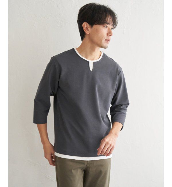 ikka「【抗菌防臭】GOKU楽冷感7分袖キーネック」|Tシャツ・カットソー|チャコール