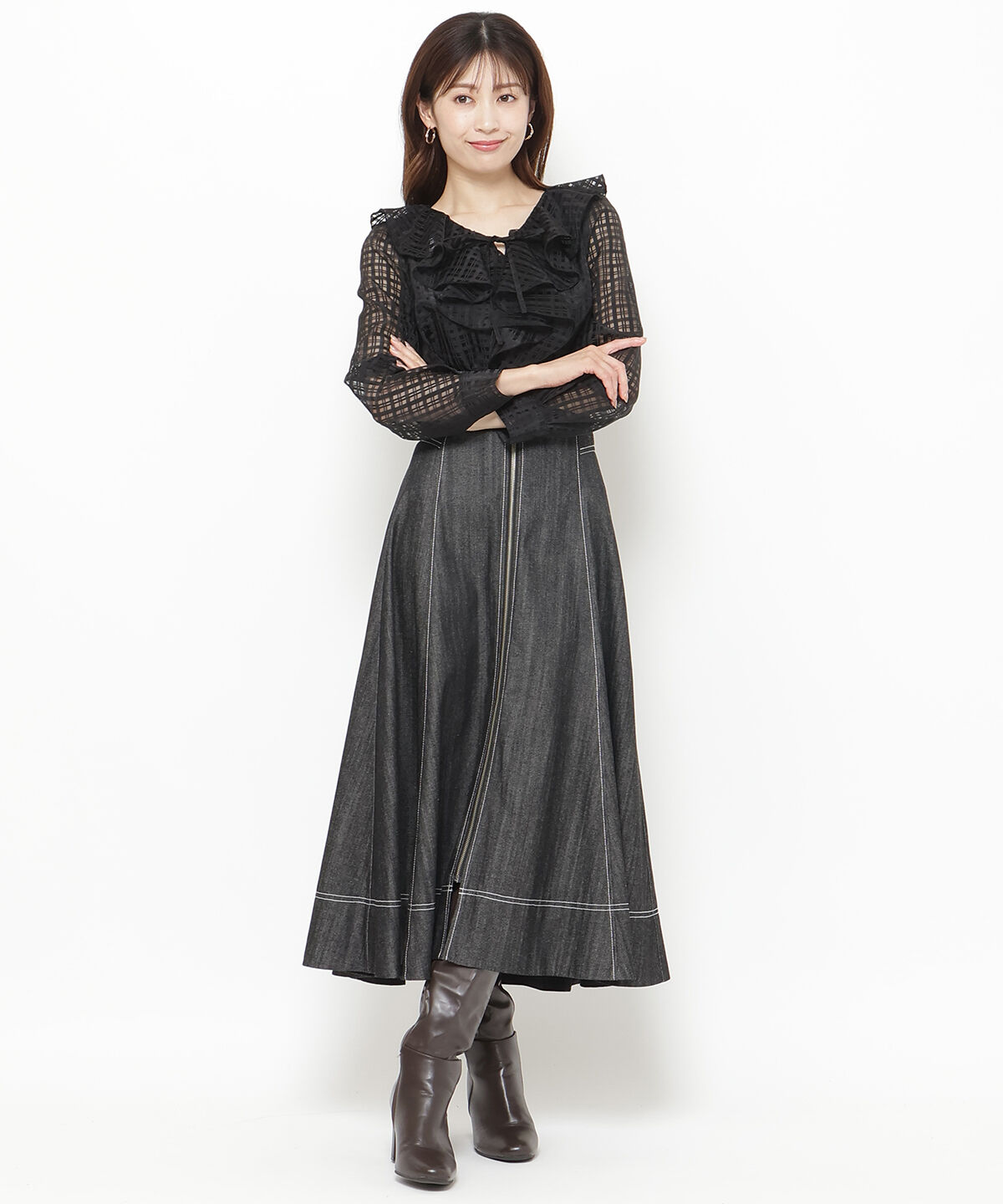 アンドクチュール「シアーチェックフリルブラウス」|シャツ・ブラウス|