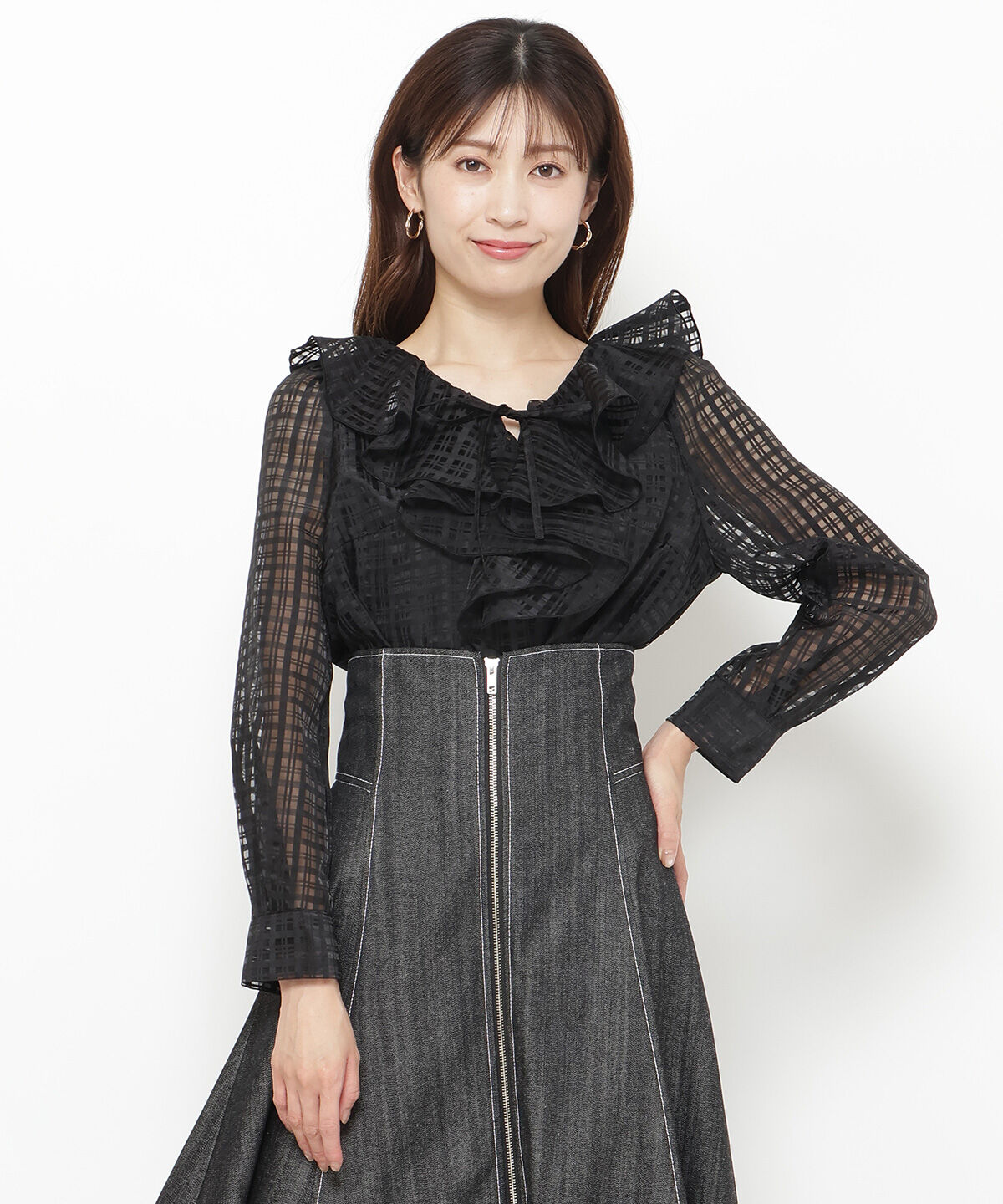 アンドクチュール「シアーチェックフリルブラウス」|シャツ・ブラウス|ブラック