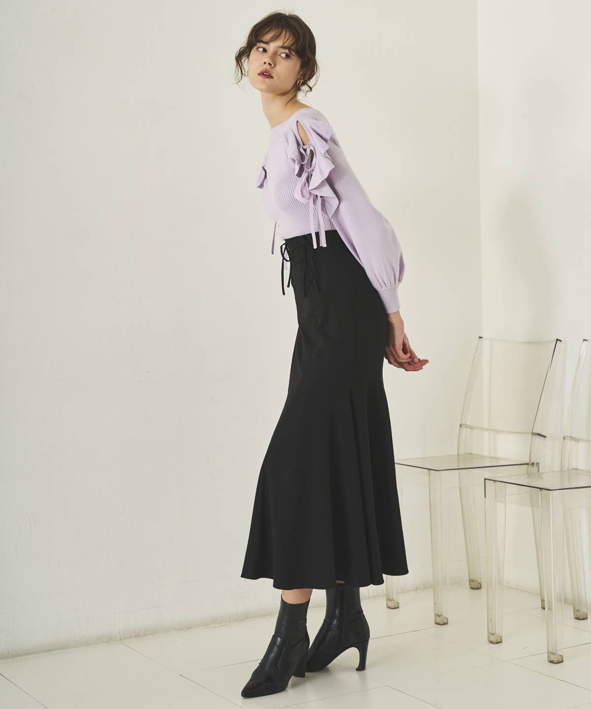 アンドクチュール「フロントレースアップアシメフレアスカート」|フレア|