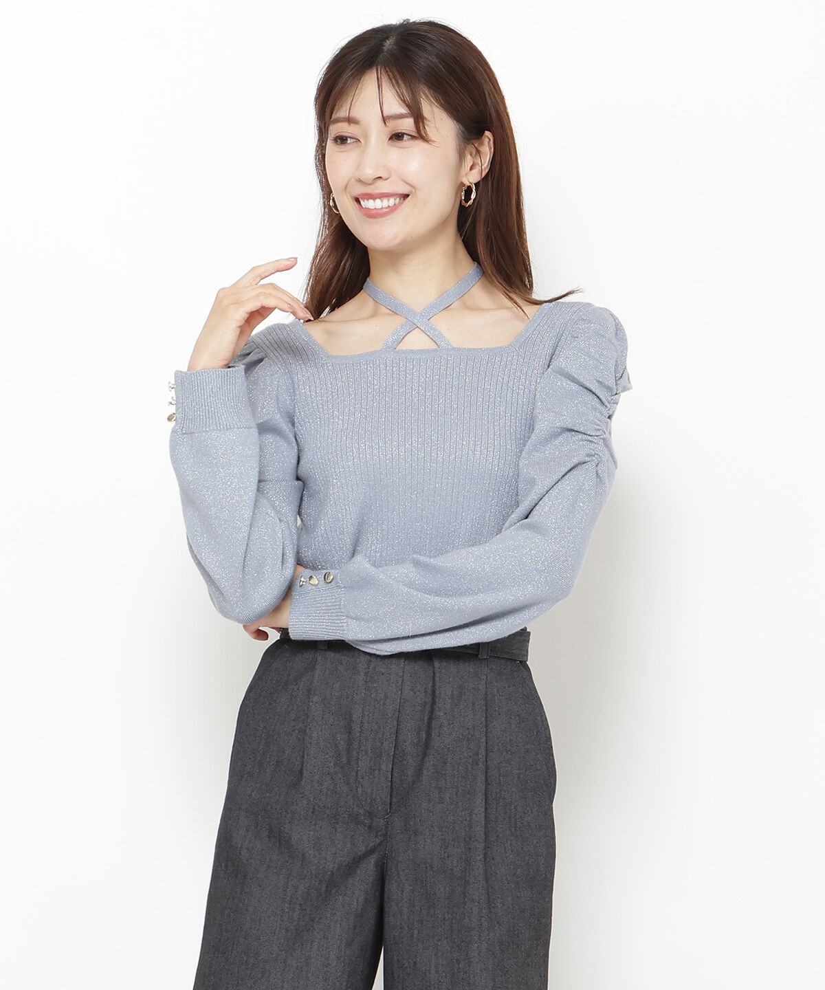 アンドクチュール「スクエアネック袖ギャザーラメプルオーバー」|ニット・セーター|