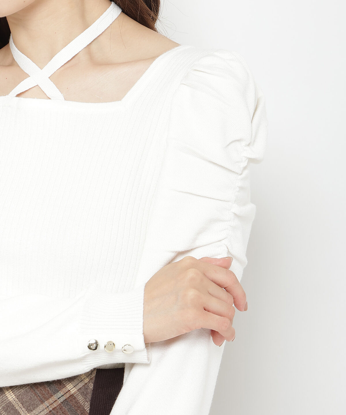 アンドクチュール「スクエアネック袖ギャザーラメプルオーバー」|ニット・セーター|