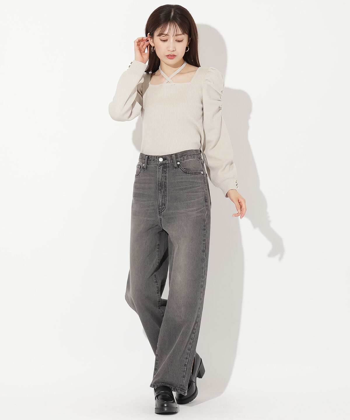 アンドクチュール「スクエアネック袖ギャザーラメプルオーバー」|ニット・セーター|