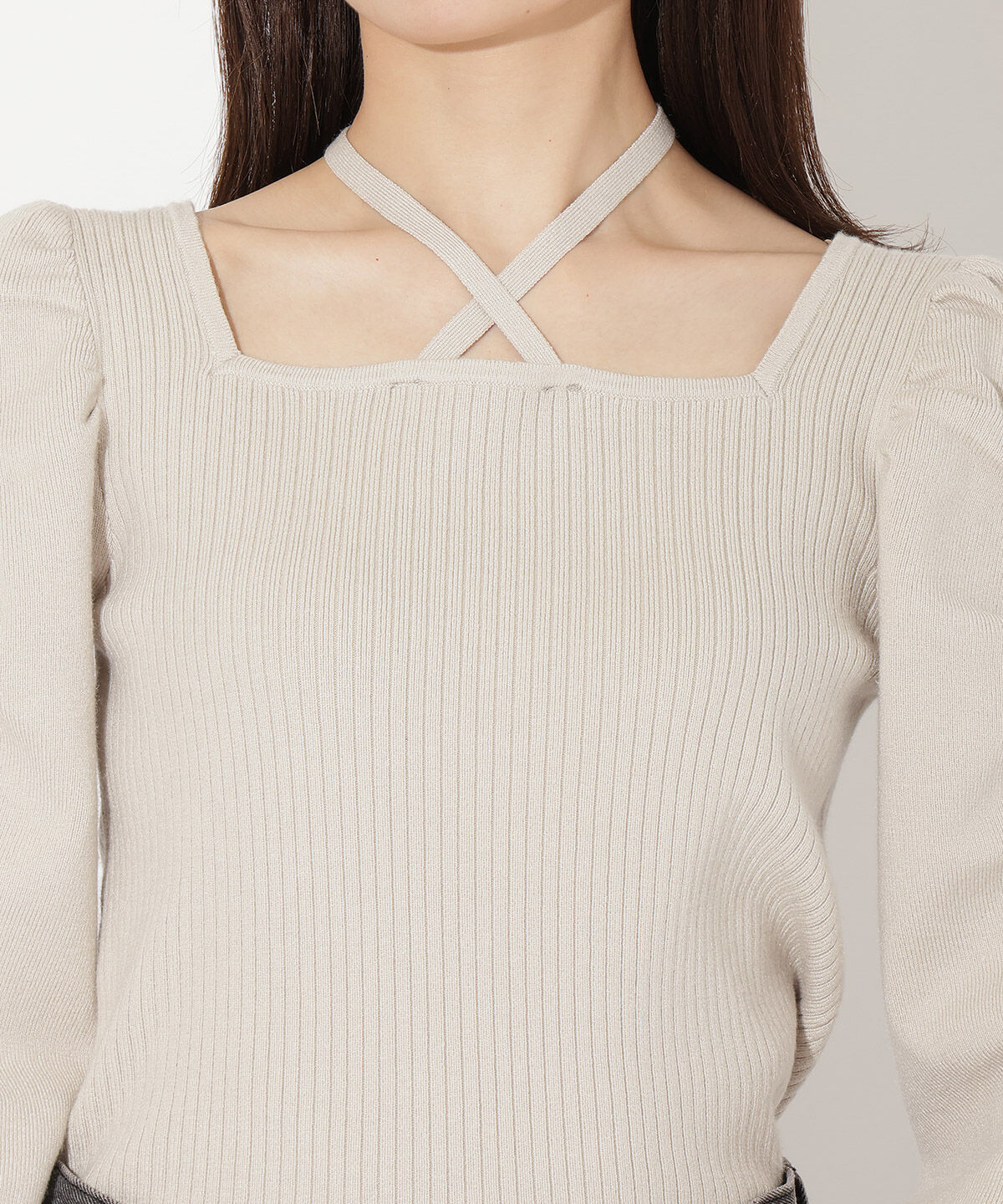 アンドクチュール「スクエアネック袖ギャザーラメプルオーバー」|ニット・セーター|