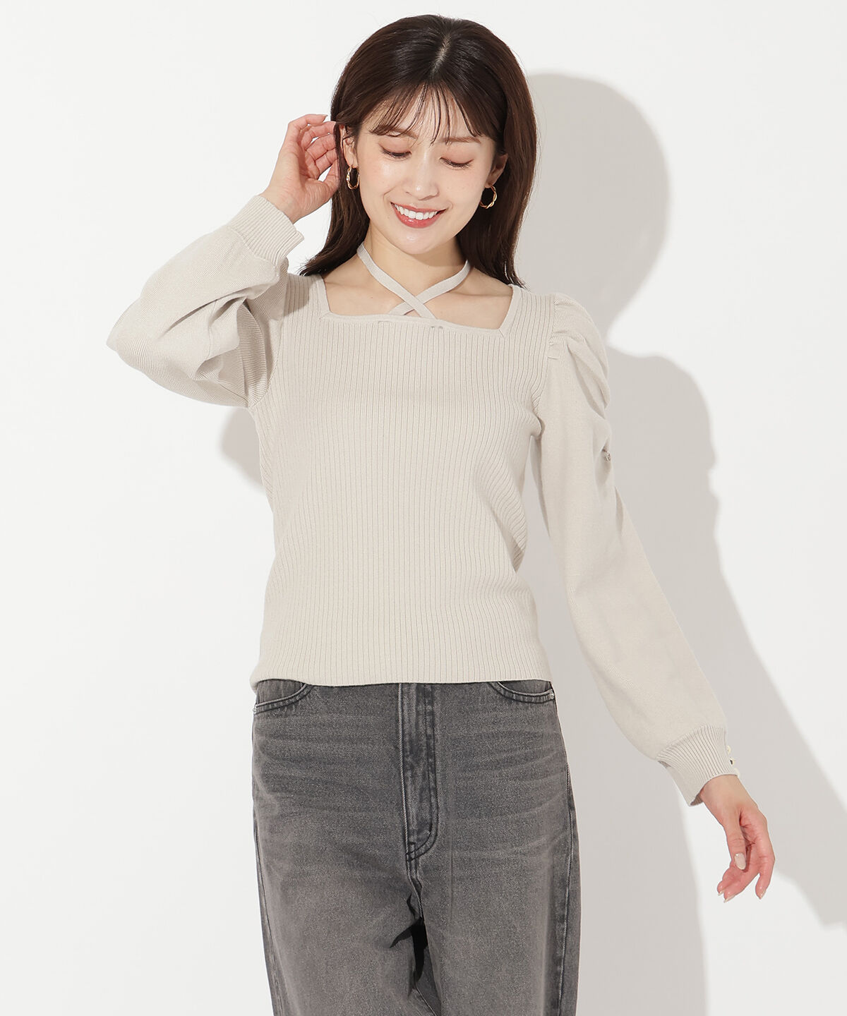 アンドクチュール「スクエアネック袖ギャザーラメプルオーバー」|ニット・セーター|