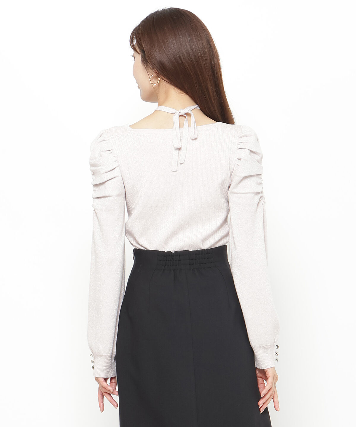 アンドクチュール「スクエアネック袖ギャザーラメプルオーバー」|ニット・セーター|