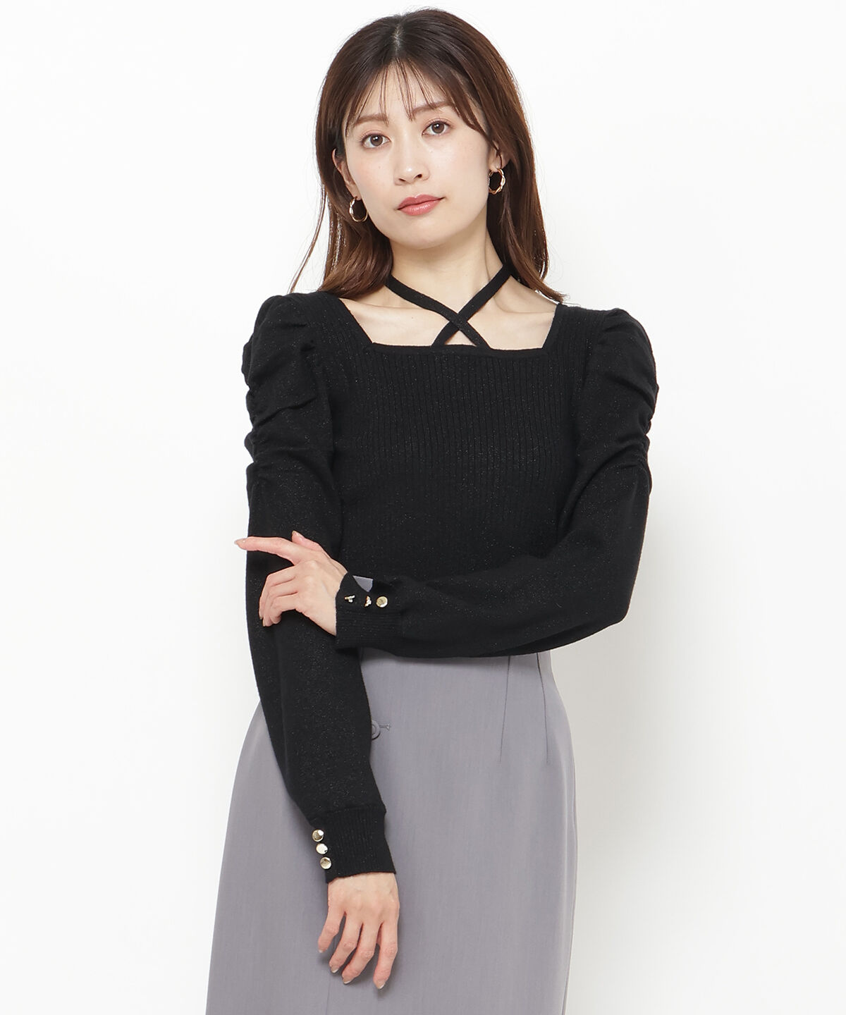 アンドクチュール「スクエアネック袖ギャザーラメプルオーバー」|ニット・セーター|ブラック