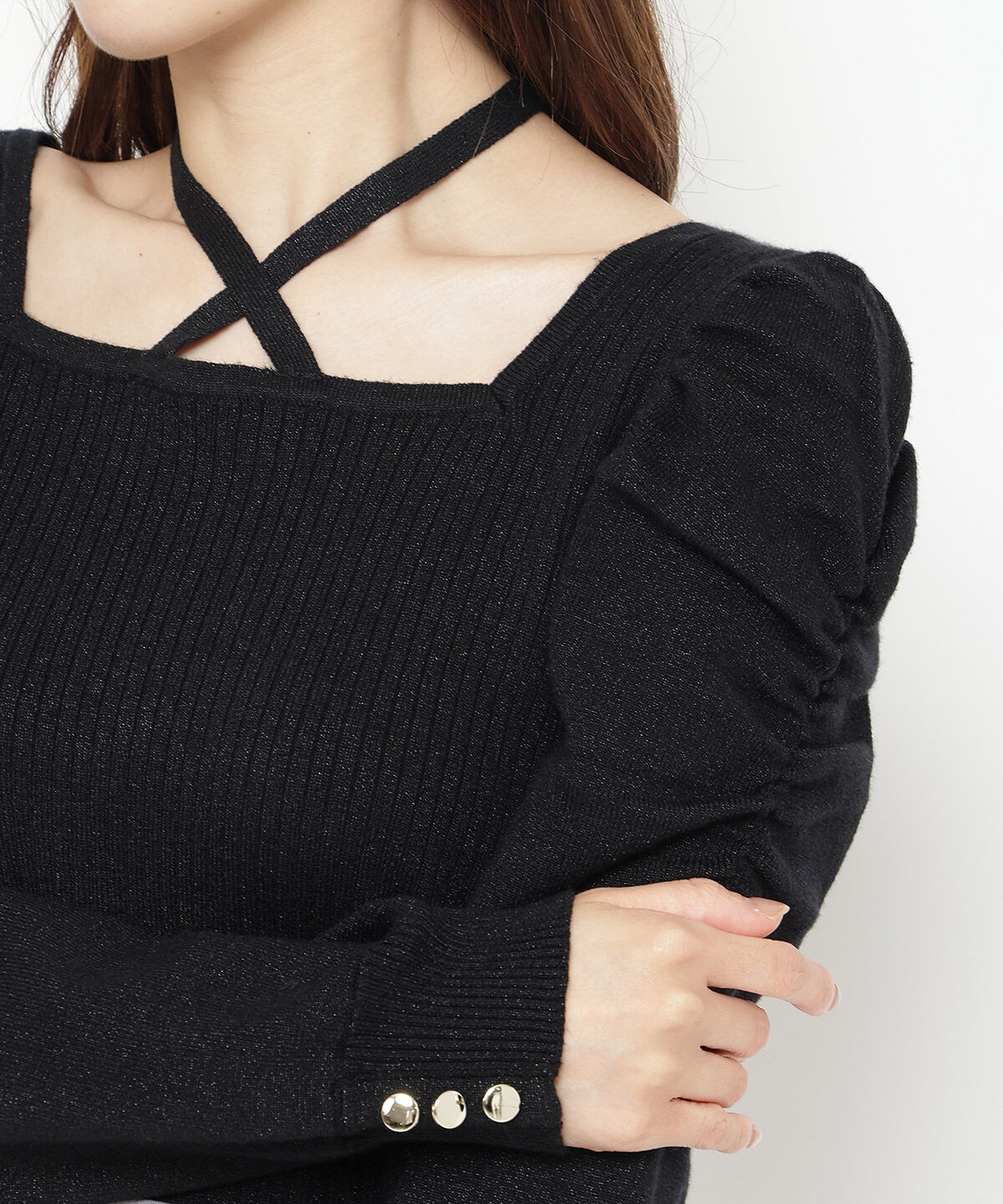 アンドクチュール「スクエアネック袖ギャザーラメプルオーバー」|ニット・セーター|