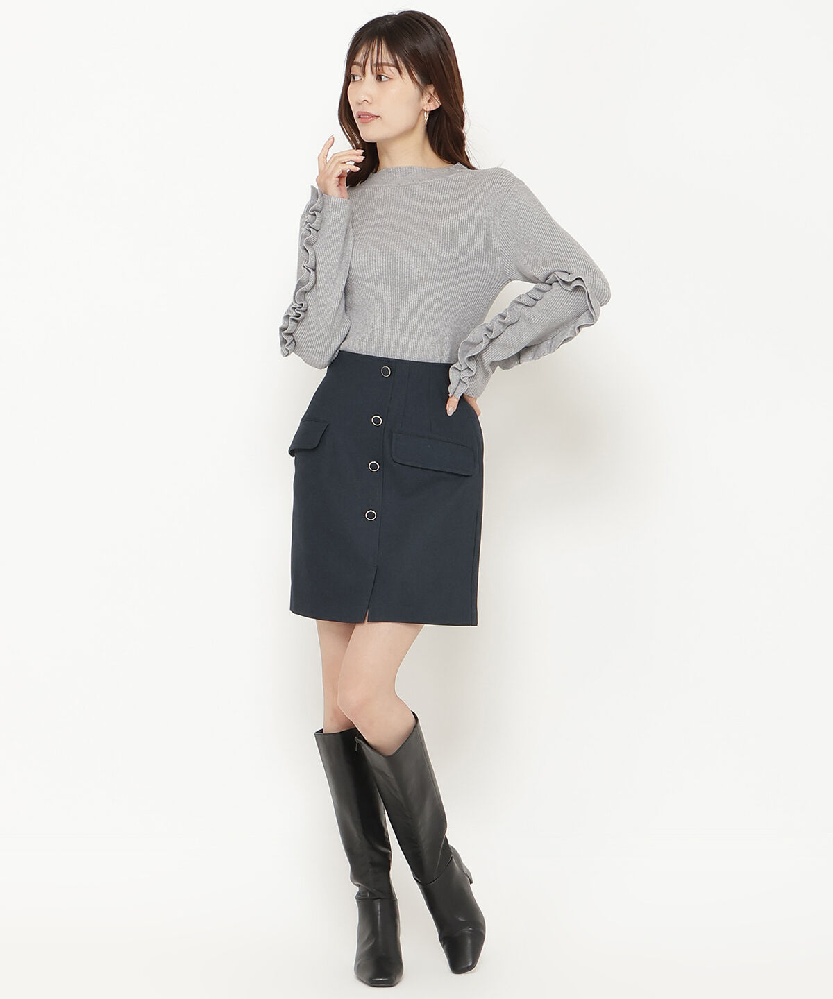 アンドクチュール「袖フリルハイネックリブニットプルオーバー」|ニット・セーター|