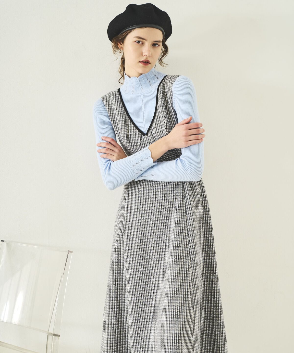 アンドクチュール「ラメツイードVネックジャンスカ」|ジャンパースカート|