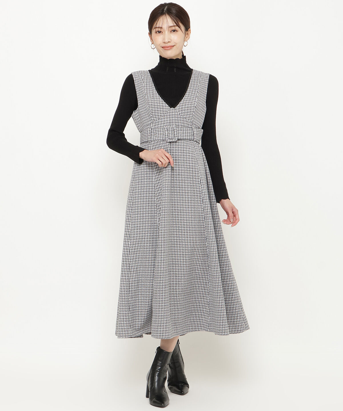 アンドクチュール「ラメツイードVネックジャンスカ」|ジャンパースカート|