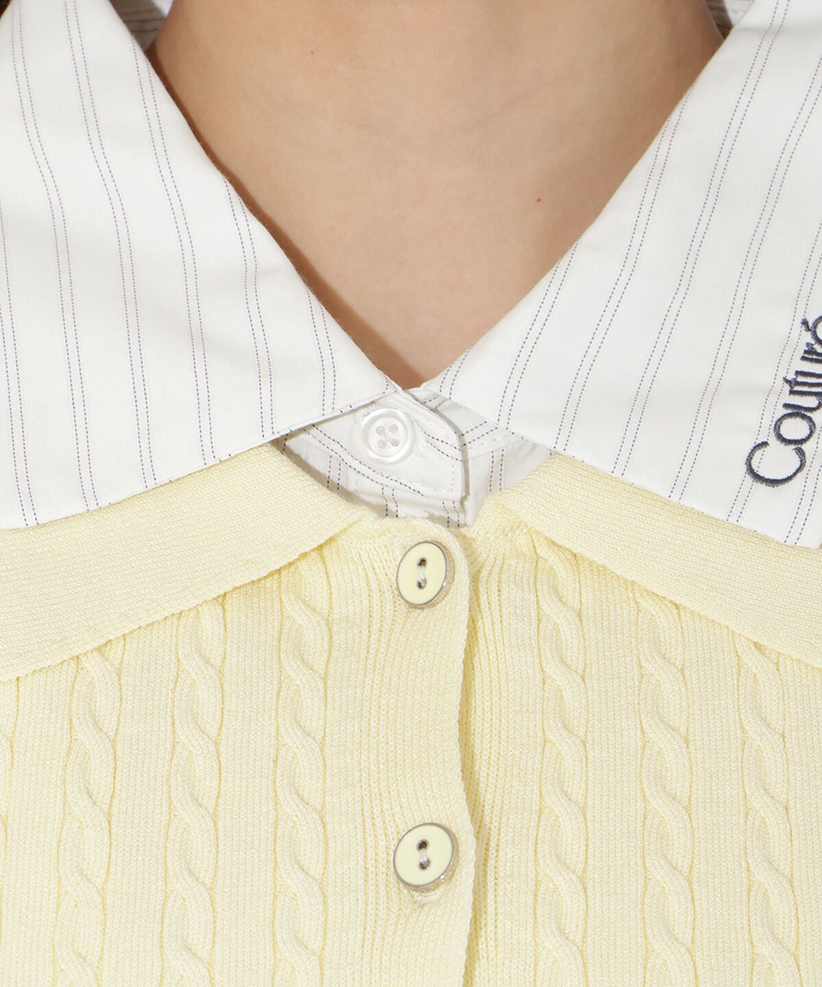 アンドクチュール「シャツレイヤード風ケーブルカーディガン」|カーディガン|