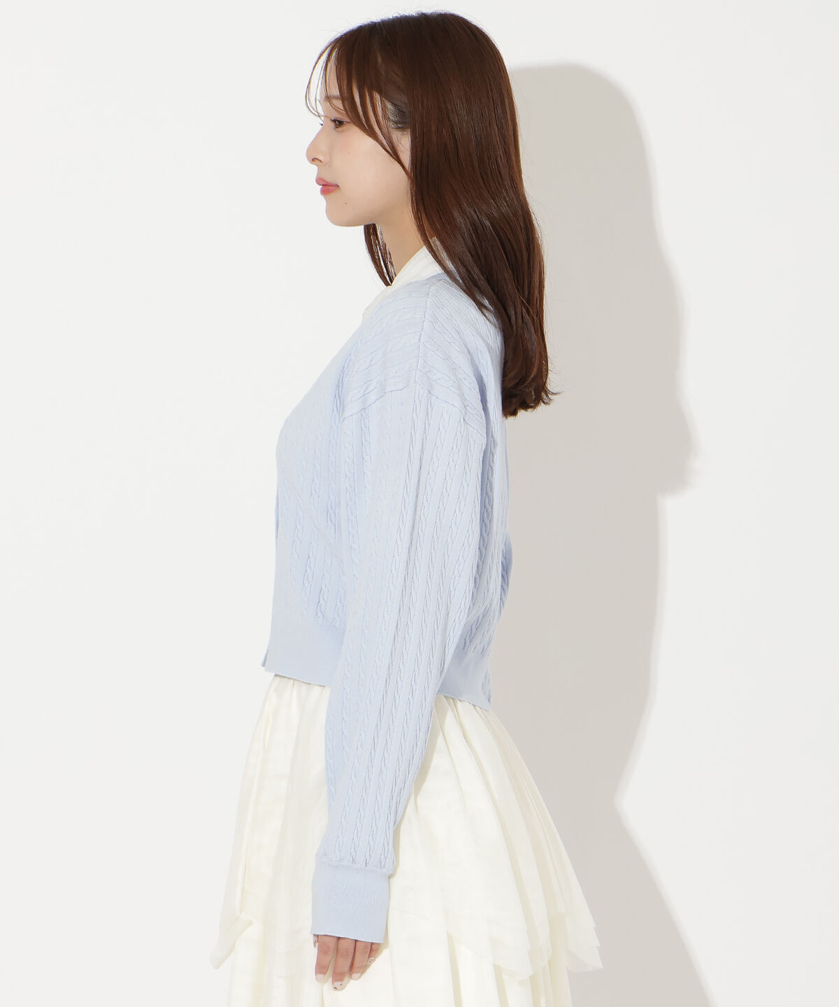 アンドクチュール「シャツレイヤード風ケーブルカーディガン」|カーディガン|