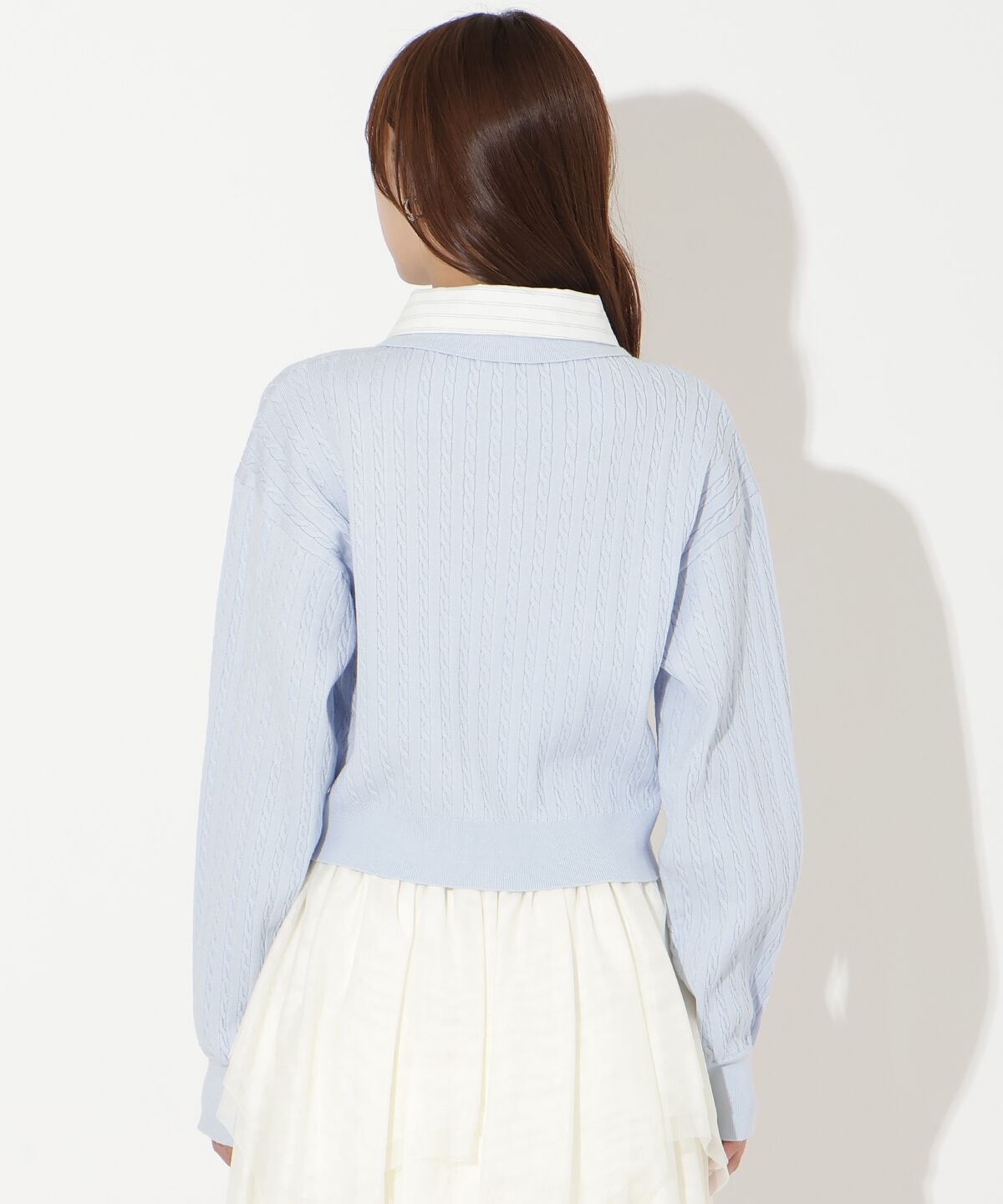 アンドクチュール「シャツレイヤード風ケーブルカーディガン」|カーディガン|