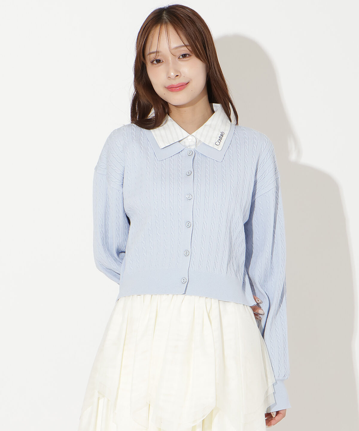 アンドクチュール「シャツレイヤード風ケーブルカーディガン」|カーディガン|