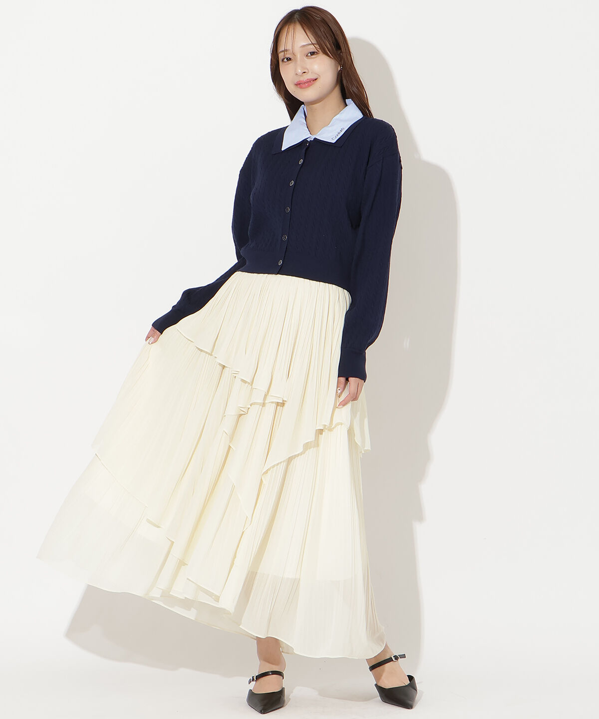 アンドクチュール「シャツレイヤード風ケーブルカーディガン」|カーディガン|