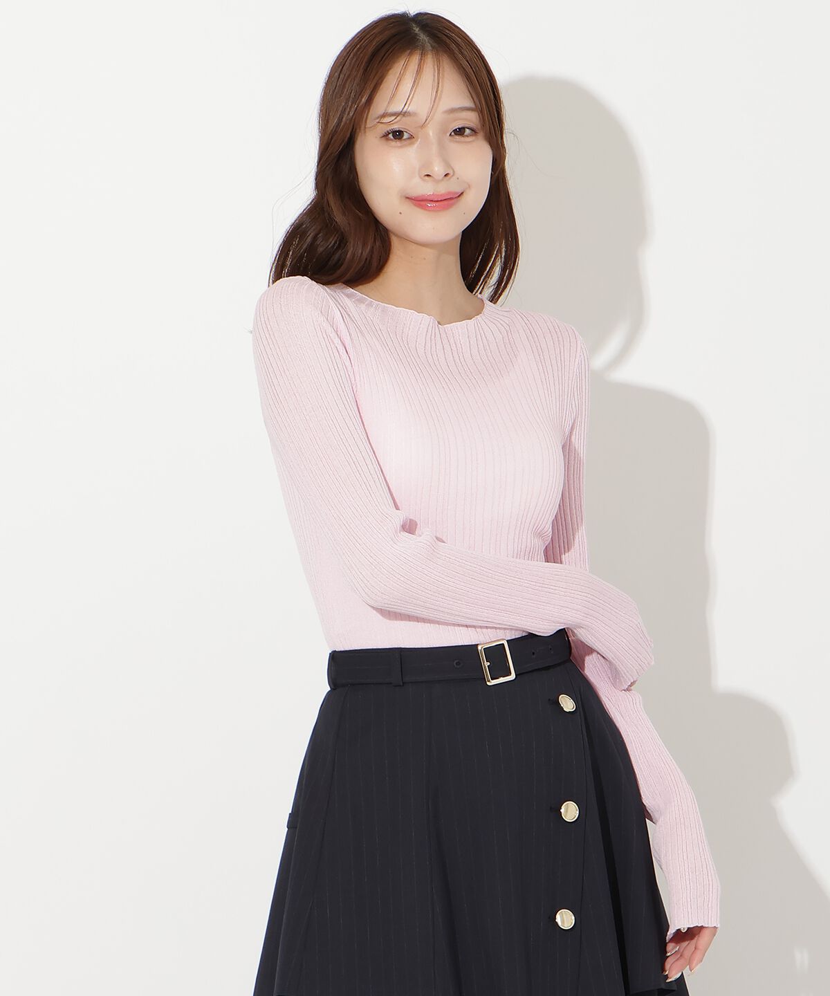 アンドクチュール「シアーランダムリブニットプルオーバー」|ニット・セーター|ピンク