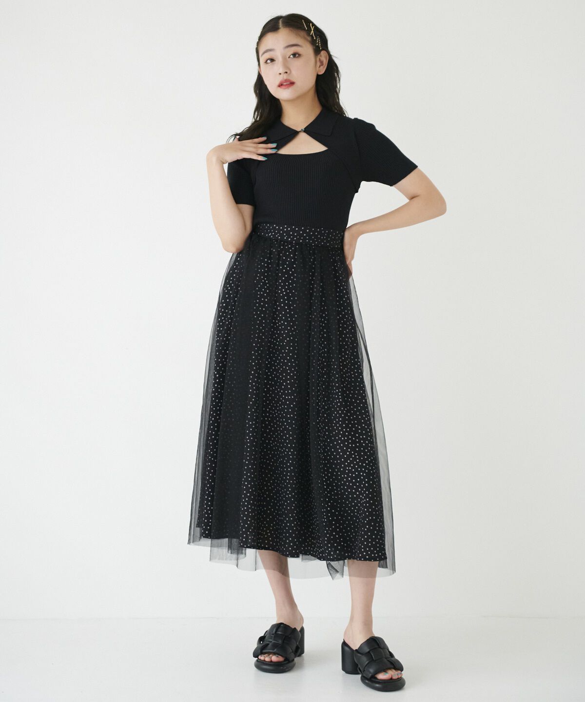 REDYAZEL「ドット&times;チュールフレアスカート」|フレア|