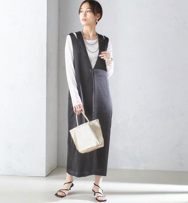 SHIPS for women「ダブル サテン Vネック Iライン ワンピース」|ワンピース|ブラック