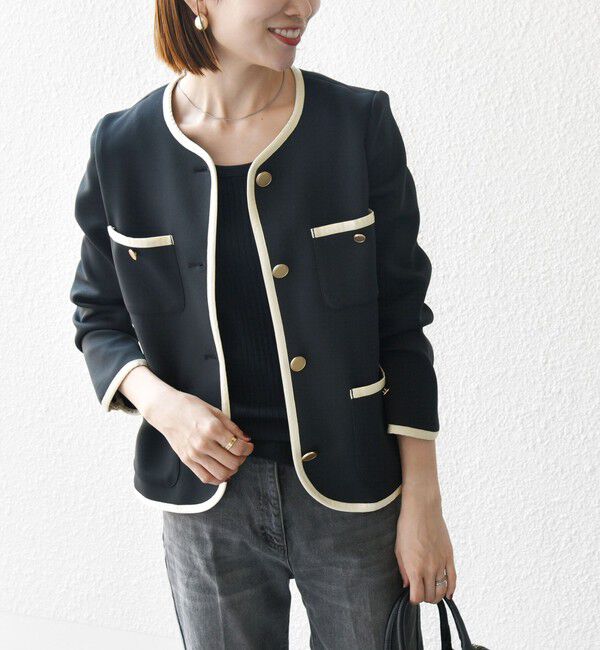 SHIPS any「SHIPS any: ダブル ジャージー パイピング ジャケット［NAVY BLUE］」|ノーカラージャケット|ブラック