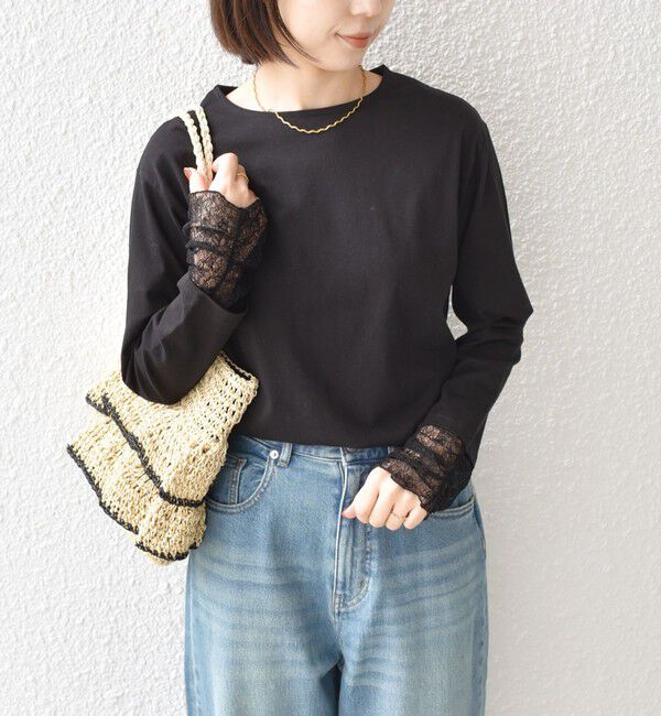 SHIPS Colors 「SHIPS Colors:〈手洗い可能〉レース 切替スリーブ カットソー◇」|Tシャツ・カットソー|ブラック
