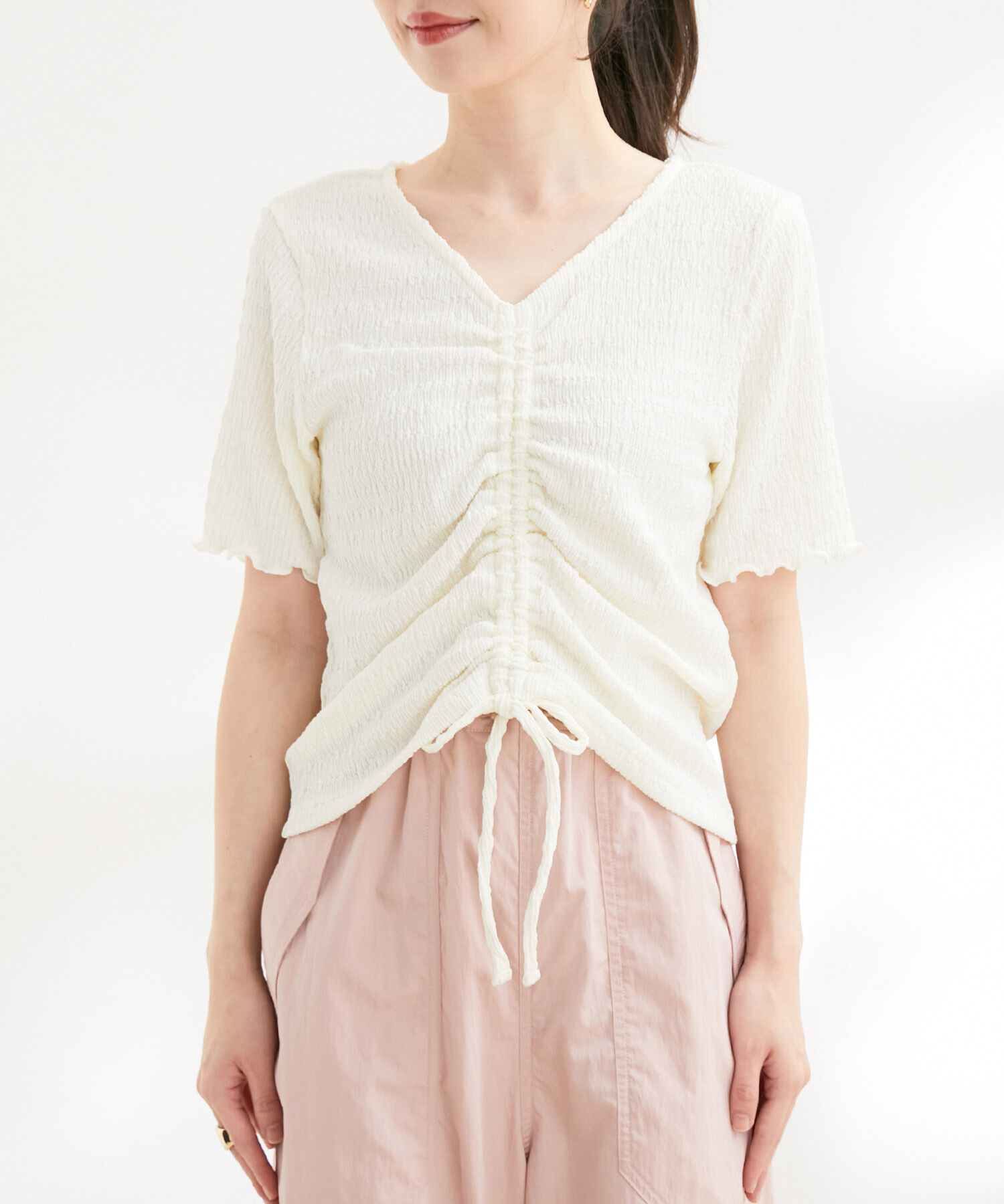 VIS「【洗える】ぽこぽこフロントシャーリングカットソー」|Tシャツ・カットソー|