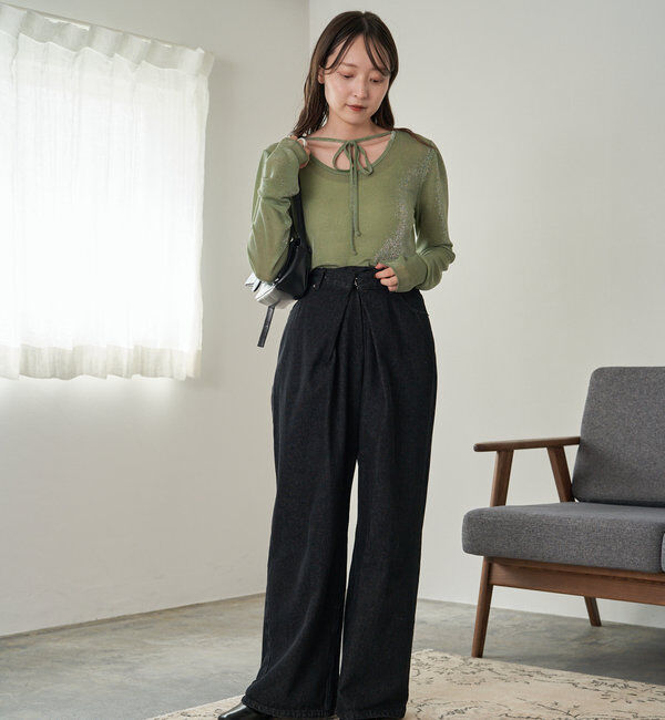  「【3サイズ】デニムタックワイドパンツ」|デニム|