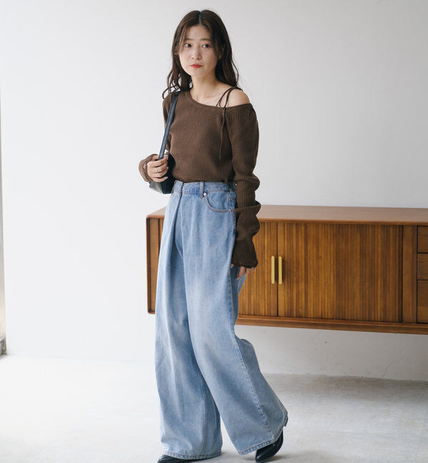  「【3サイズ】デニムタックワイドパンツ」|デニム|