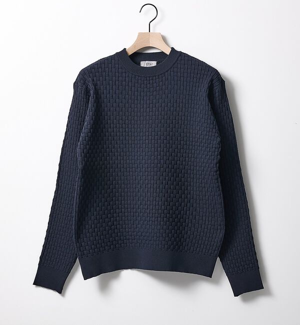 ABAHOUSE「【ハイストレッチ】ブロックチェック ジャガード クルーネックニット」|ニット・セーター|ネイビー