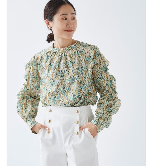 le.coeur blanc「《手洗い可能》Perle Peche フラワー柄スリーブフリルブラウス」|シャツ・ブラウス|