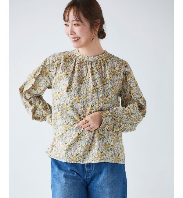 le.coeur blanc「《手洗い可能》Perle Peche フラワー柄スリーブフリルブラウス」|シャツ・ブラウス|