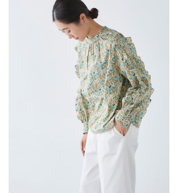 le.coeur blanc「《手洗い可能》Perle Peche フラワー柄スリーブフリルブラウス」|シャツ・ブラウス|