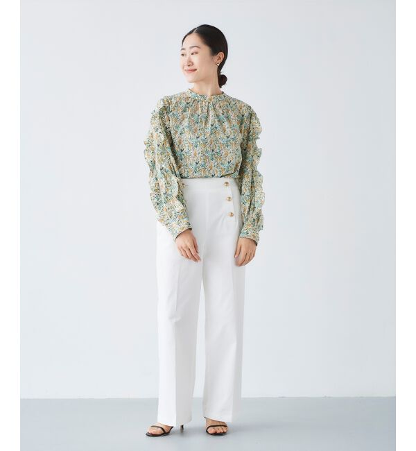 le.coeur blanc「《手洗い可能》Perle Peche フラワー柄スリーブフリルブラウス」|シャツ・ブラウス|