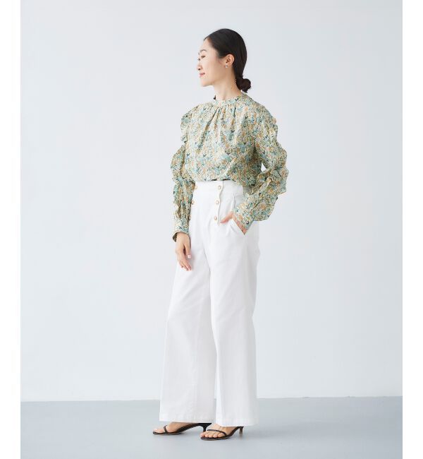 le.coeur blanc「《手洗い可能》Perle Peche フラワー柄スリーブフリルブラウス」|シャツ・ブラウス|