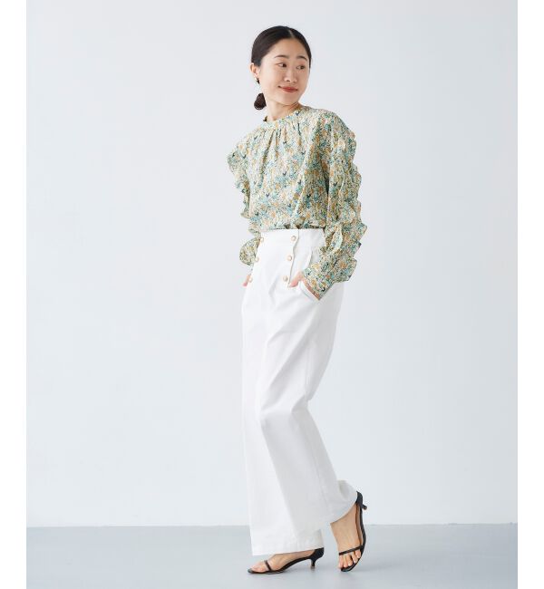 le.coeur blanc「《手洗い可能》Perle Peche フラワー柄スリーブフリルブラウス」|シャツ・ブラウス|