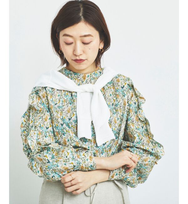 le.coeur blanc「《手洗い可能》Perle Peche フラワー柄スリーブフリルブラウス」|シャツ・ブラウス|