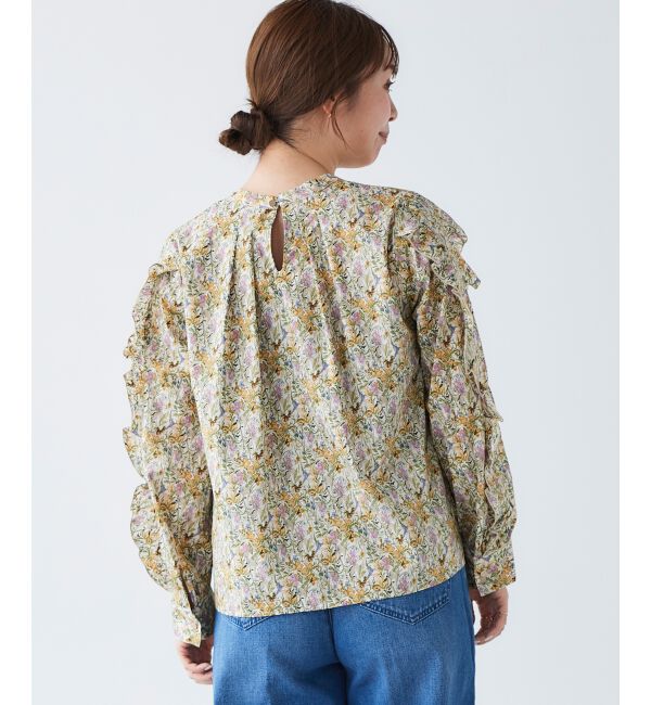 le.coeur blanc「《手洗い可能》Perle Peche フラワー柄スリーブフリルブラウス」|シャツ・ブラウス|