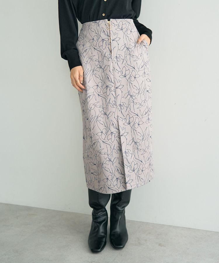 YECCA VECCA「ラインフラワー柄フェイクスエードスカート」|タイト|