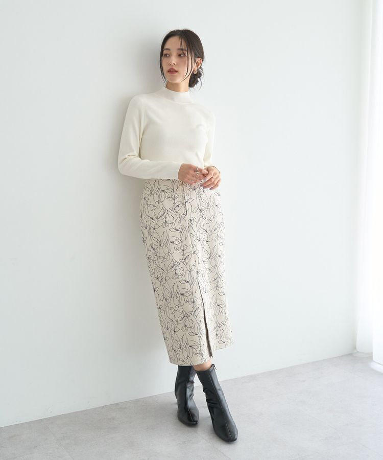 YECCA VECCA「ラインフラワー柄フェイクスエードスカート」|タイト|