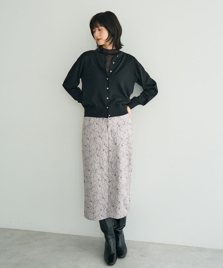 YECCA VECCA「ラインフラワー柄フェイクスエードスカート」|タイト|