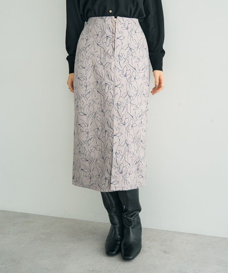 YECCA VECCA「ラインフラワー柄フェイクスエードスカート」|タイト|Pink Beige