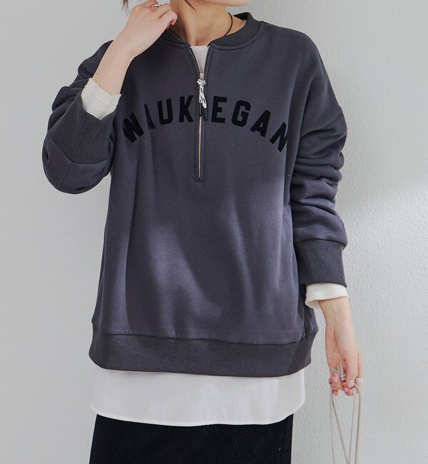  「フロッキープリントハーフジップ裏起毛スウェット」|プルオーバー|チャコールグレー