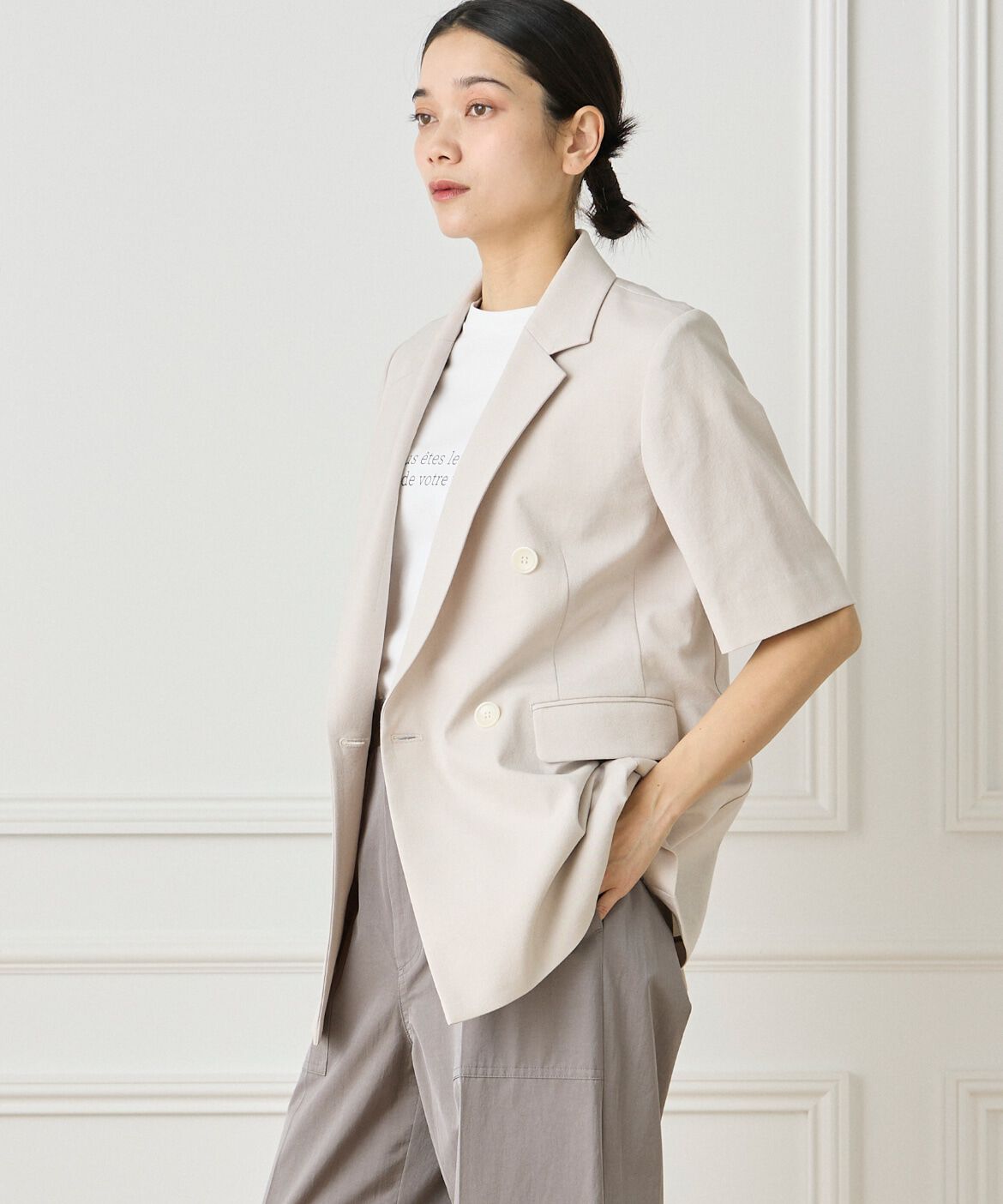 INED「綿麻ハーフスリーブジャケット」|テーラードジャケット|ベージュ2