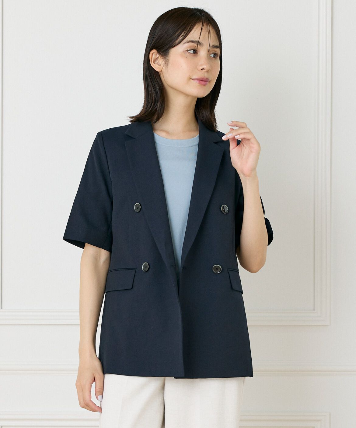 INED「綿麻ハーフスリーブジャケット」|テーラードジャケット|ネイビー