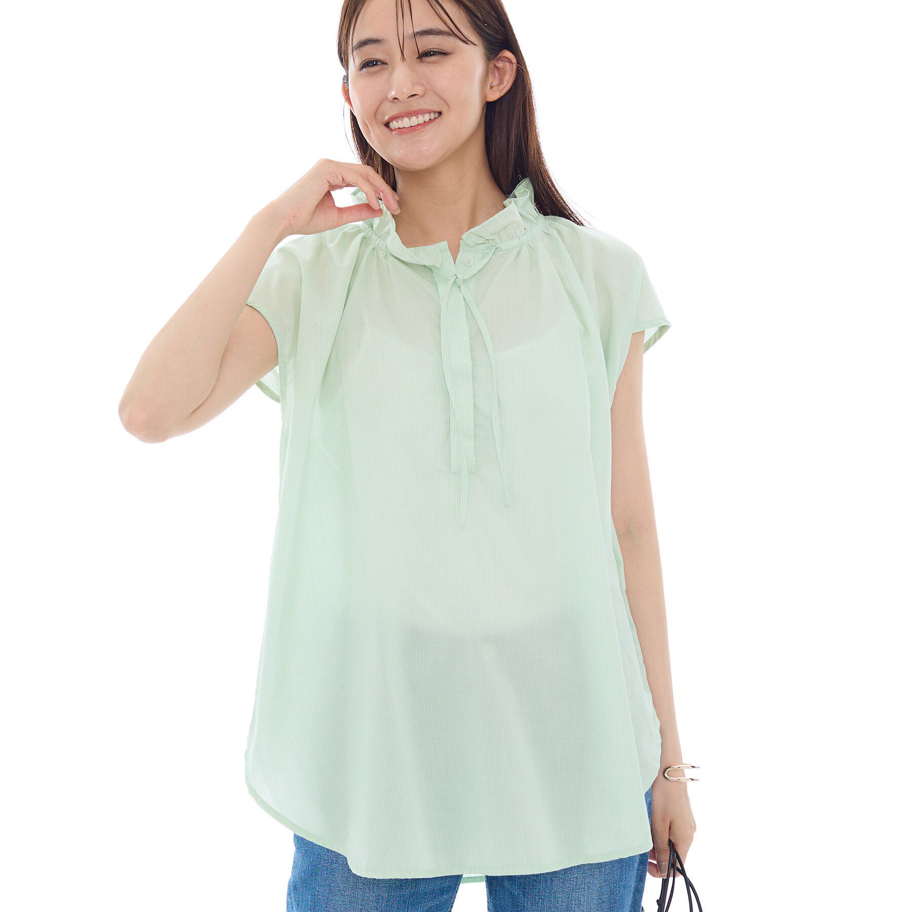 INDIVI「フリル衿ギャザーブラウス」|シャツ・ブラウス|ミントグリーン(32