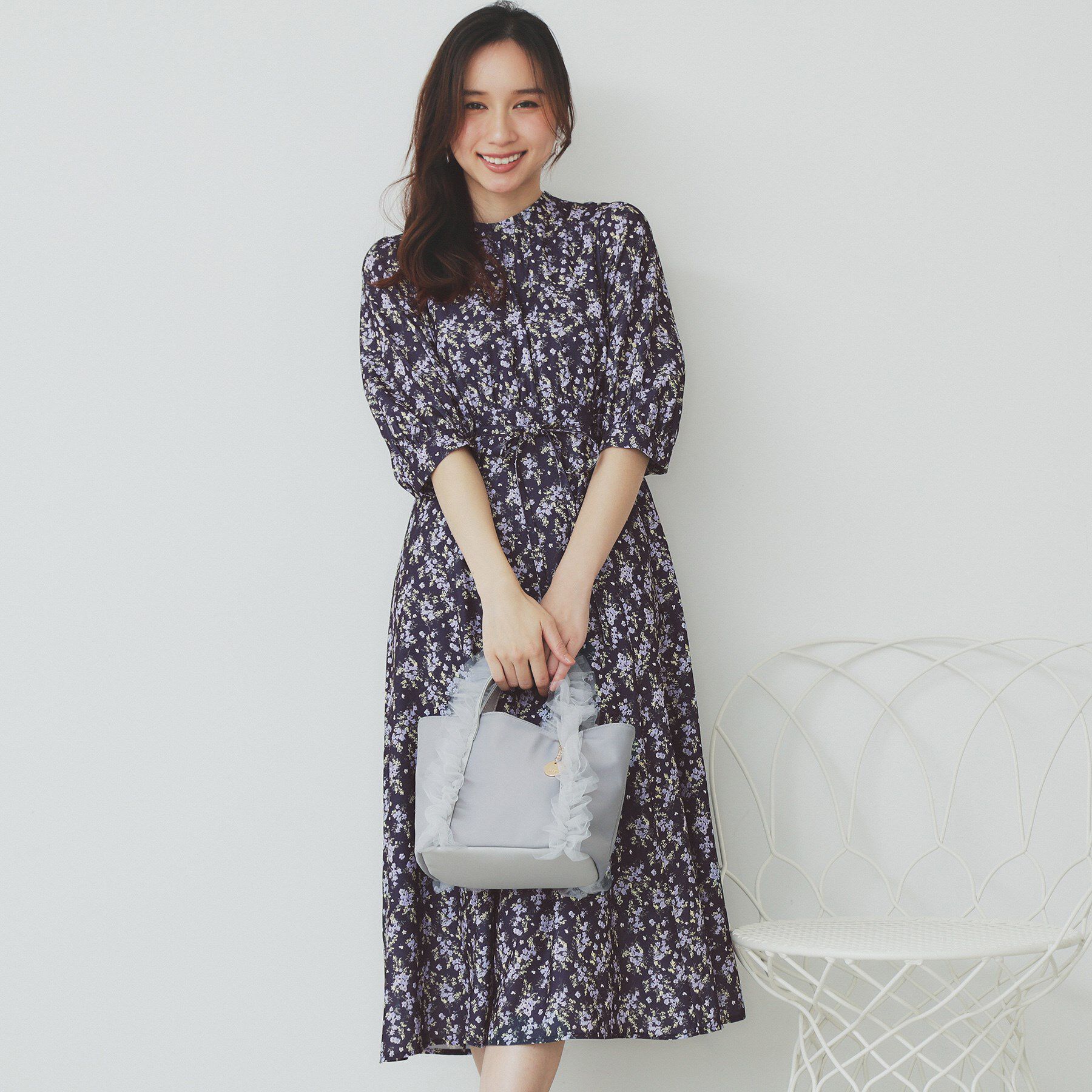 index「スタンドネック小花柄ワンピース【洗濯機洗い可/イージーアイロン】」|ワンピース|